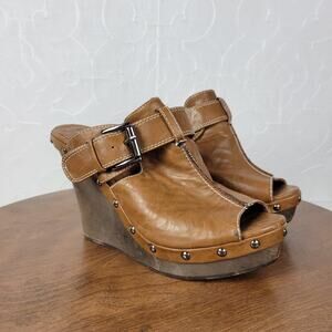 GC Womens Veronica Sandals 38 Brown Leather Peep Toe Buckle Wooden Chunky Wedge